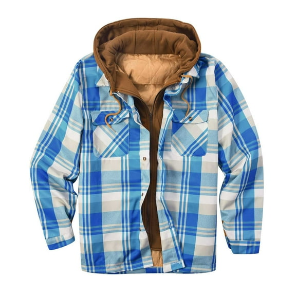 Edvintorg Men's Sherpa Lined Full Zip Hooded Plaid Shirt Jacket Casual Plus Size Men Clothes Long Sleeve Warm Fall Winter Outwear