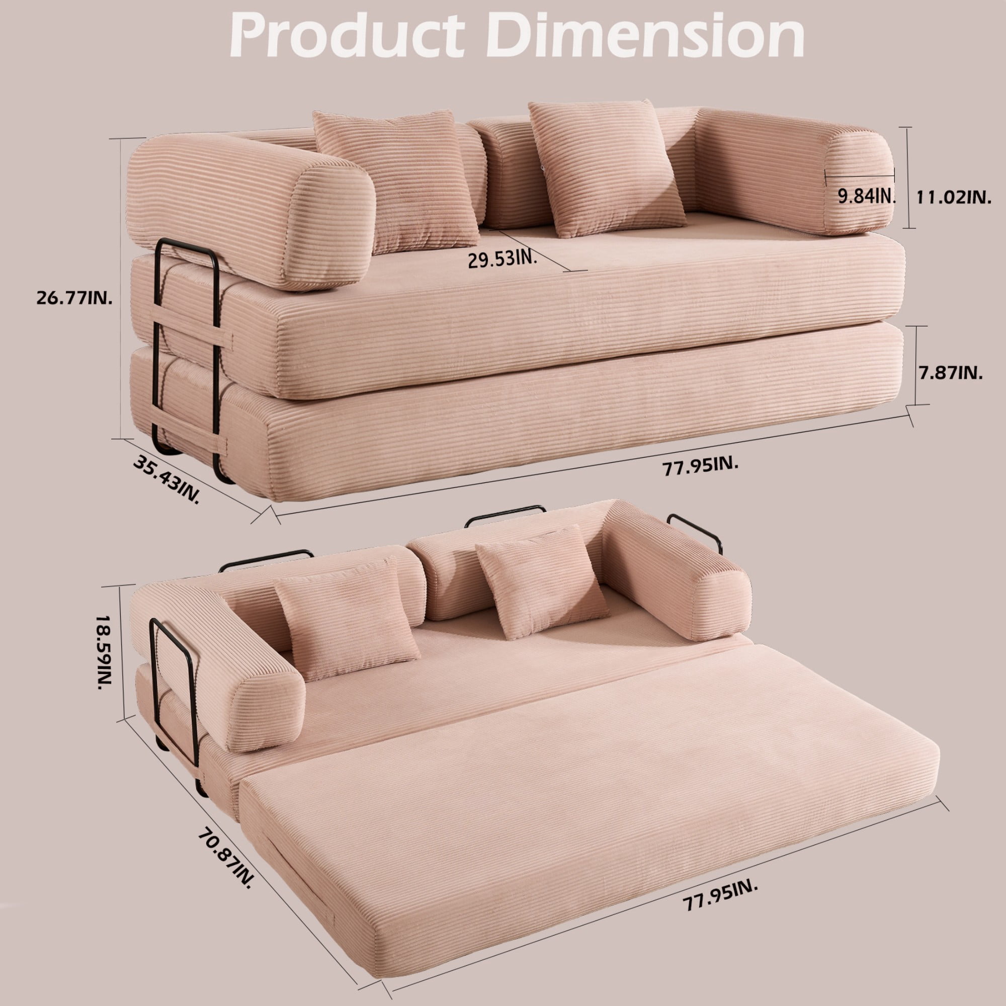 BSHTI 77" Casual Corduroy Convertible Sleeper Sofa Bed with Cylindrical Pillow, No Assembly, Small Space for Living Room（Pink）