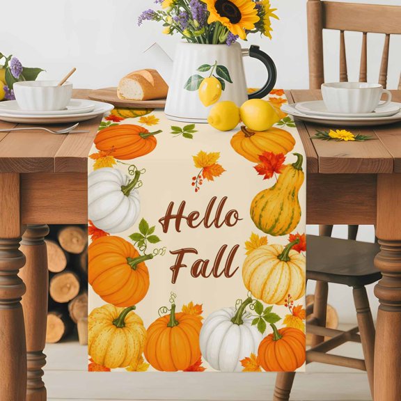 Hello Fall Thanksgiving Pumpkin Table Runner 72 Inches Long, Country Maple Leaves Table Runners Tabletop Scarf Kitchen Dining Tables Decoration for Home Party Indoor Outdoor