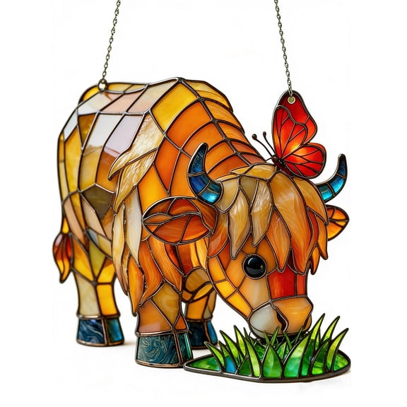 Chanana Highland Cow Butterfly Suncatcher | Stained Glass Style Window Hanging, Farm Animal Sun Catcher Ornament for Home Window, Garden, Farmhouse Decor, Gift for Cow Lovers, 7.9"