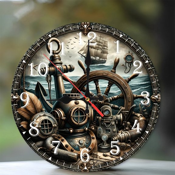 10-Inch Silent Wooden Wall Clock, " Steampunk Nautical Clock Design "  Silent Non-Ticking Clock, Battery Operated (AA Batteries Not Included), Artistic Home Decor