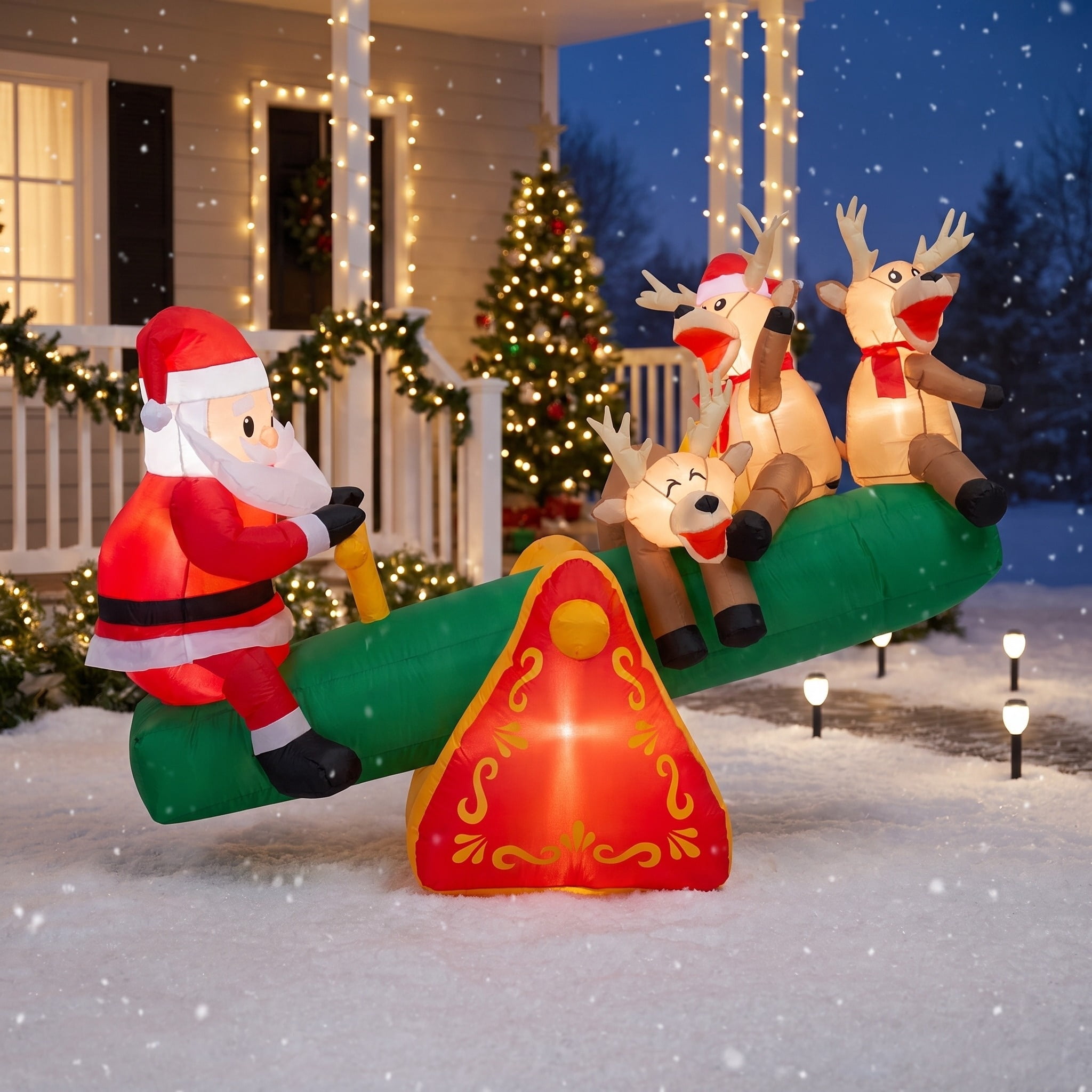 Multicolor Teeter Totter Santa with Reindeer Christmas Airblown Yard Inflatable, 6.5', by Holiday Time