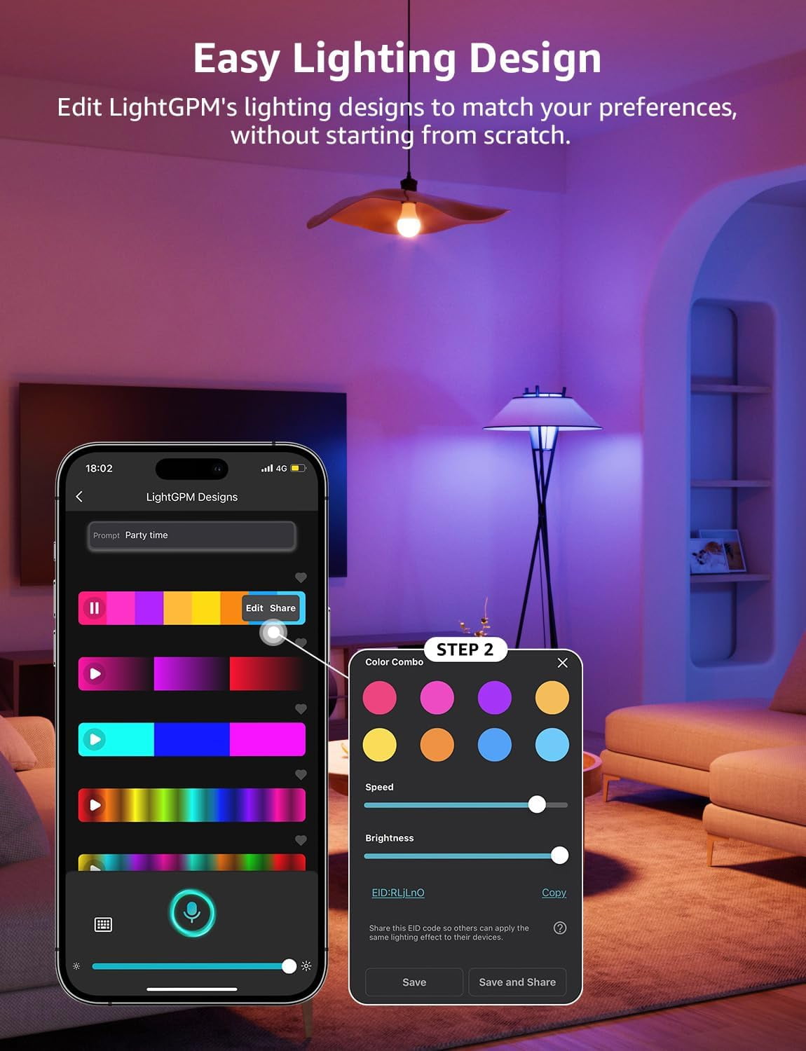 Lepro B2 AI LED Light Bulbs, 2-Pack RGBww Color Changing, 1100 Lumens, Voice Control, Music Sync, Wi-Fi and Bluetooth, Works with Alexa and Google