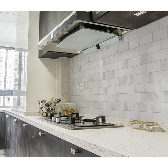 Luxury 10-Sheet Peel and Stick Backsplash,Self Adhesive Faux Stone 12”x12” White Subway Tile for Kitchen,Glossy Waterproof Carrara Brick Marble Look,Stick on Accent Wall for Bathroom,Bedroom
