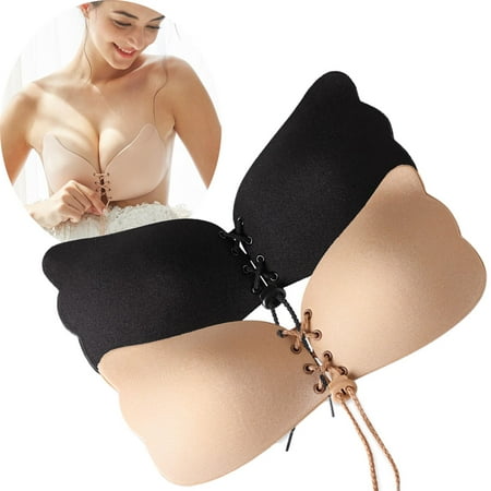 

2 Pack of Adhesive Bra Strapless Push-Up Sticky Bra Invisible Drawstring Backless Nipple Covers Silicone Bra for Women， Beige+Black