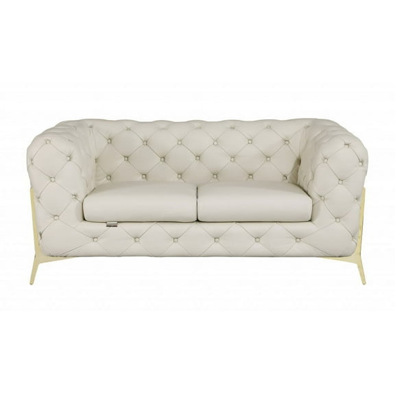 69" Beige All Over Tufted Italian and Gold Leather Love Seat