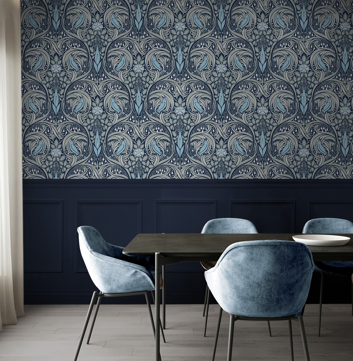 NextWall  Bird Ogee Peel and Stick Wallpaper 20.5 in. W x 18 ft. L - Navy & Sky Blue