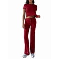 thumbnail image 2 of Women'S 2 Piece Lounge Sets Short Sleeve Tops Fold-over Flare Pants Casual Outfits Matching Set Wine Red L, 2 of 10
