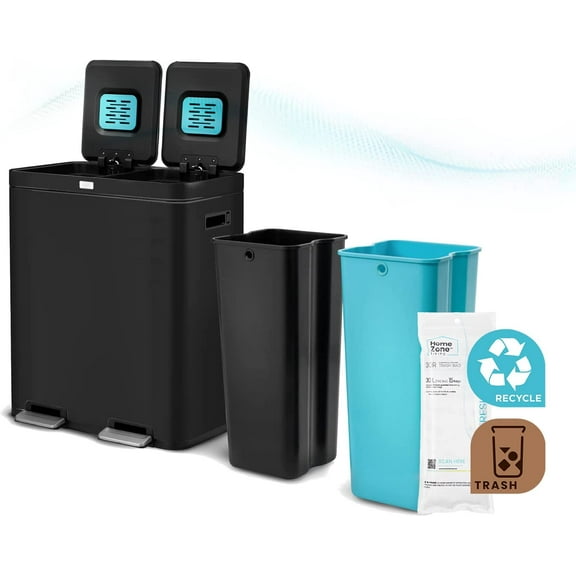 Home Zone Living 16 Gallon Kitchen Trash Can with Dual Compartments for Recycling, CleanAura Odor Control, Stainless Steel, Matte Black, 60 Liters Total