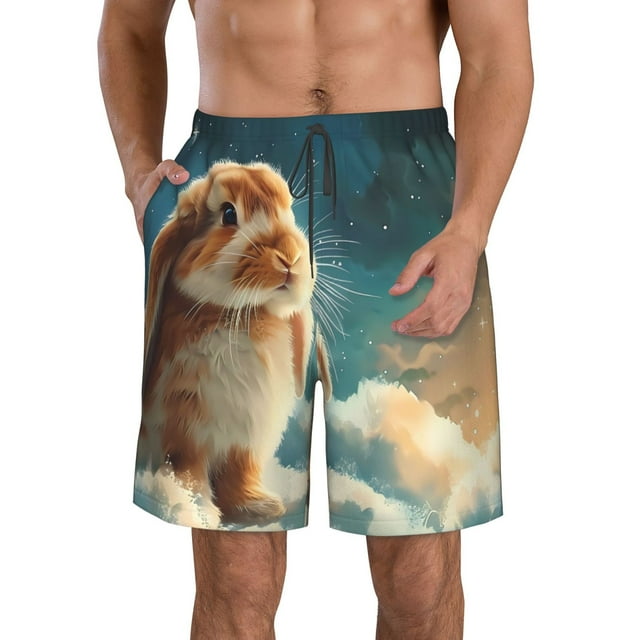Sikiie Starry Sky Cloud Cute Rabbit Print Men's Beach Shorts, High Elastic Quick-drying Shorts - with Drawstring and Slip Pockets, Suitable for Beach, Sports, Vacation-Medium