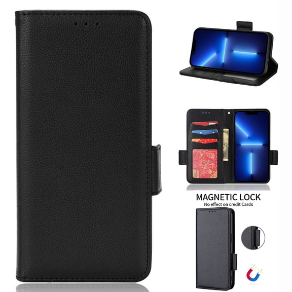 Wallet Case for iPhone 14 Pro Max 6.7 Inch, Soft Silicone Lychee Pattern PU Leather Shockproof Flip Cover with Card Slots Holder Magnetic Clasp Lock Drop Resistant Kickstand Phone Case,Black