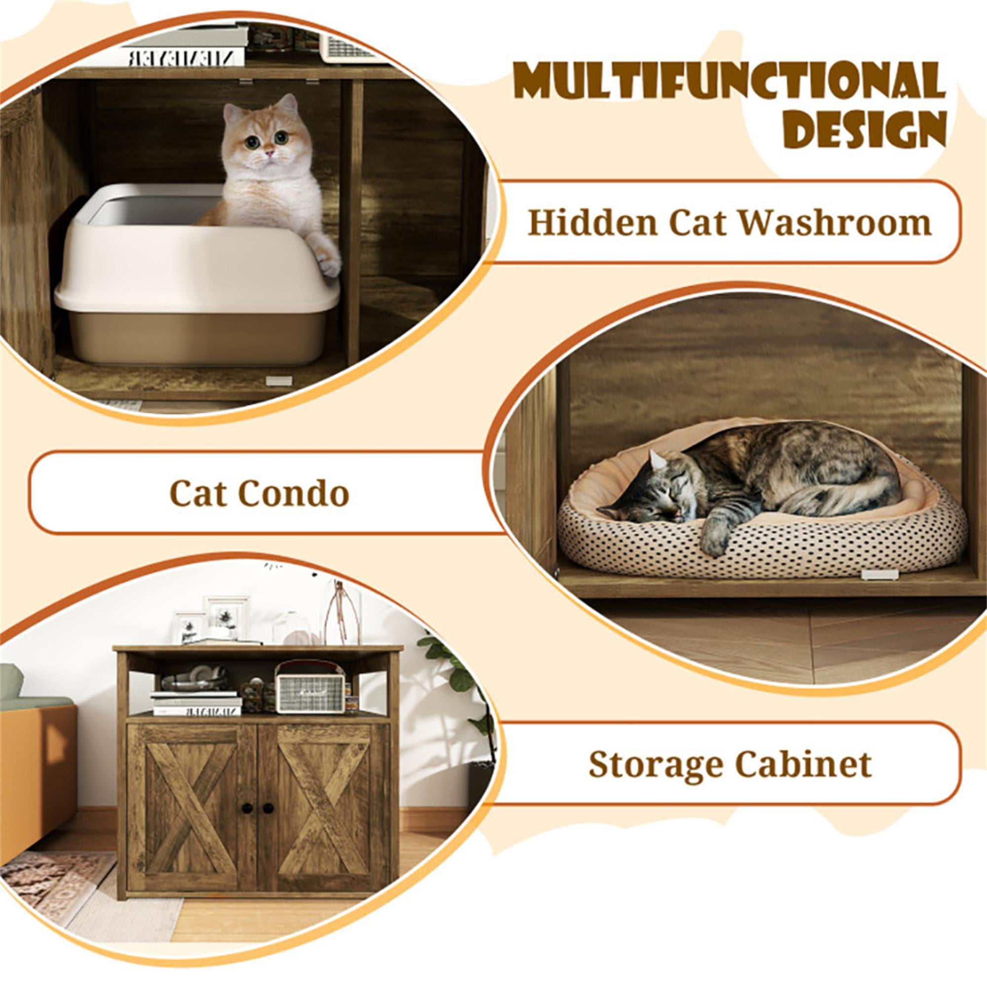 Kadyn 31.5" Cat Litter Box Enclosure, Hidden Cat Litter Box Furniture with Double Barn Doors Divider, Hidden Cat House Washroom with Storage Shelf, Brown