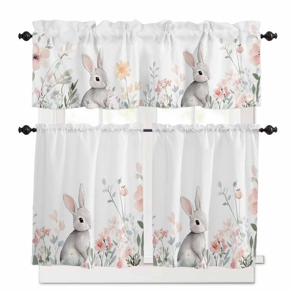 Rabbit Kitchen Curtains Valances and Tiers Set of 3 Easter Watercolor Flower Tier Curtains and Valance Rod Pocket Valance Curtains Set for Kitchen Bathroom Small Windows 27.5"W x 36"L (Pack of 3)