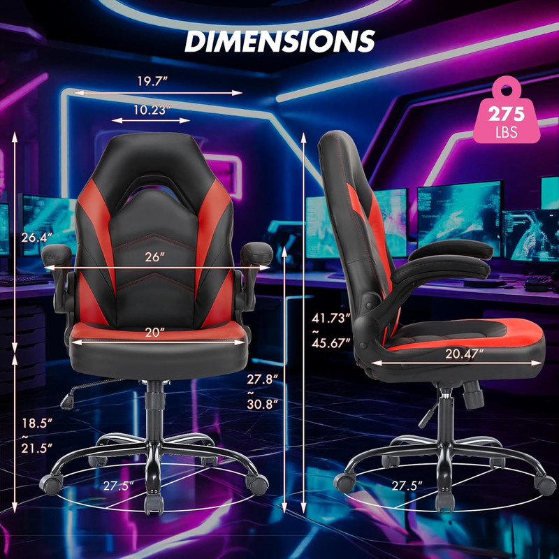 Beddle Gaming Office Chair, Ergonomic PU Leather High Back Swivel Computer Desk Chair with Flip-up Arms, Lumbar Support, Black Red