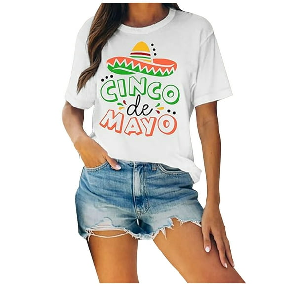 LUOGENLI Female T-shirts for Womens Women's Round Neck Short Sleeved T Shirt Summer Mexican Carnival Holiday T Shirt Top 2 Womens T-shirts Graphic Tees xxl Tall St. Patrick's Day White M