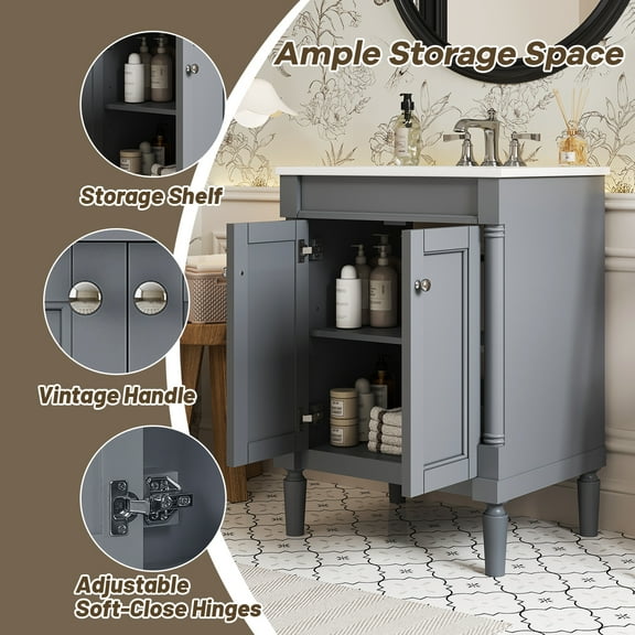 24'' Bathroom Vanity with Top Sink, 2-Tier Modern Bathroom Storage Cabinet, Single Sink Bathroom Vanity, Large Storage Shelves