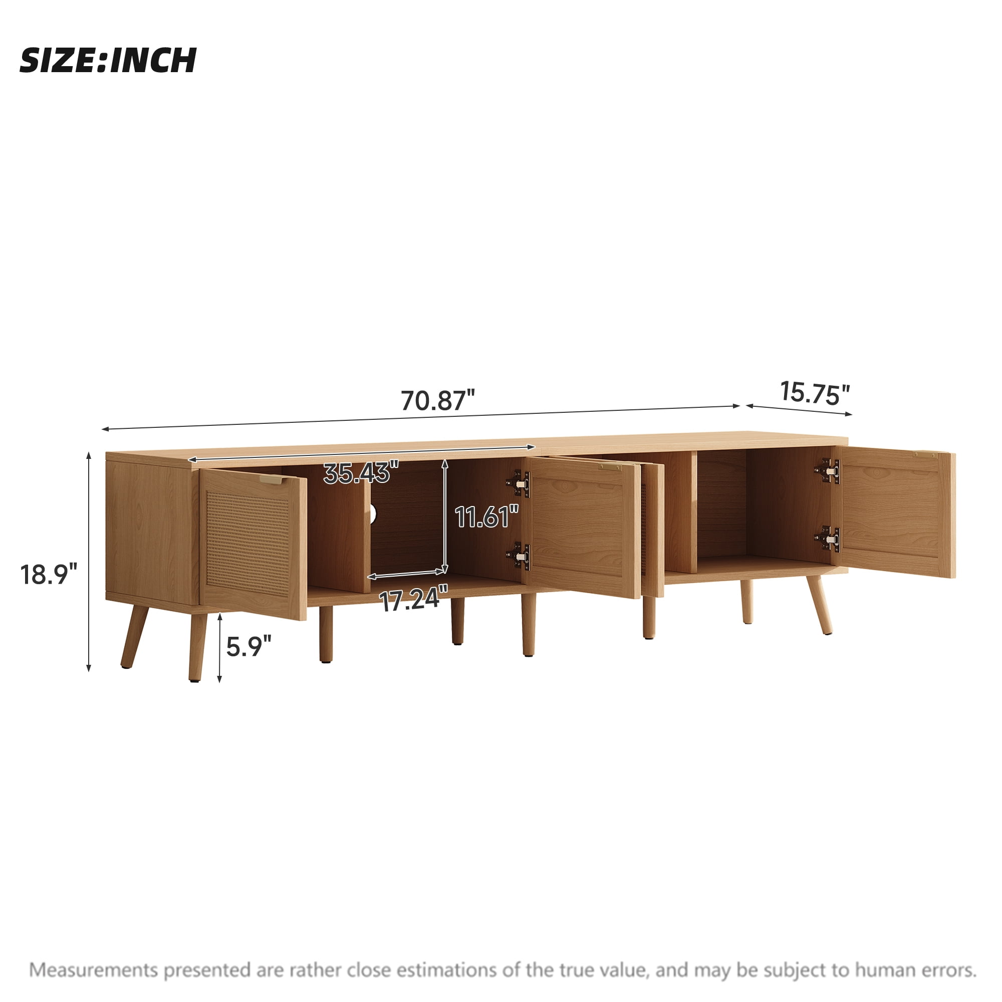 TrumanPick 70" Rattan TV Stand for TVs up to 80", Natural Wood Media Console with Cane Doors & Storage, Mid-Century Modern Entertainment Center for Living Room