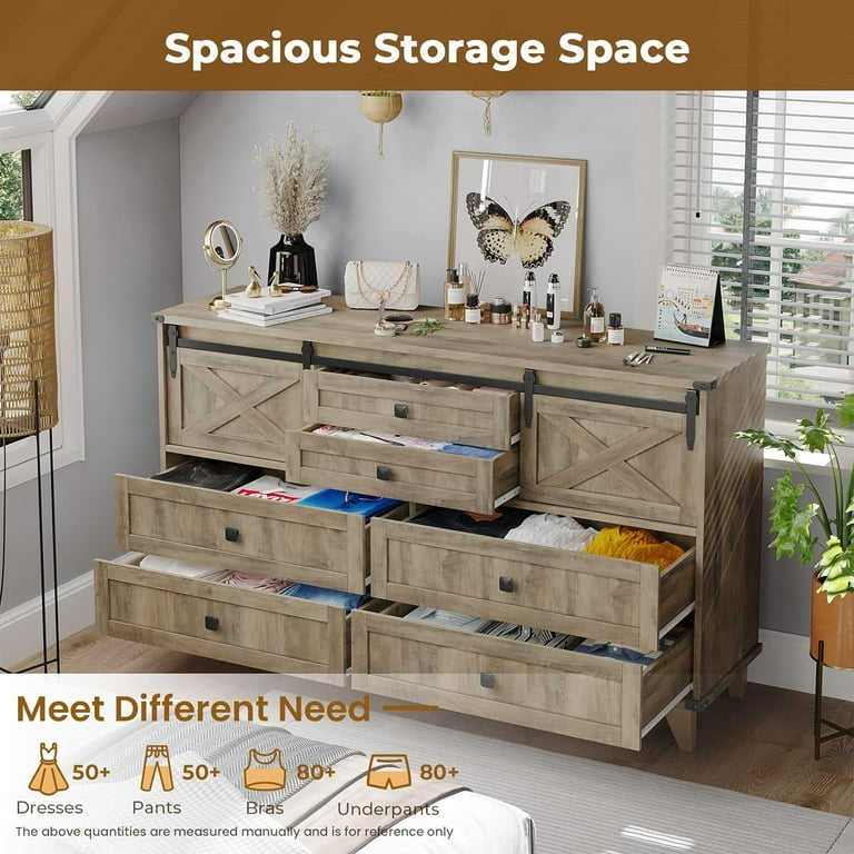 Farmhouse 6 Drawers Dresser with Sliding Barn Door,55.1'' Long Dresser, 4  Large and 2 Small Drawers, Sliding Barn Door, Solid Wood Legs for Entryway,  Bedroom, Living Room,Oak Gray - Walmart.com