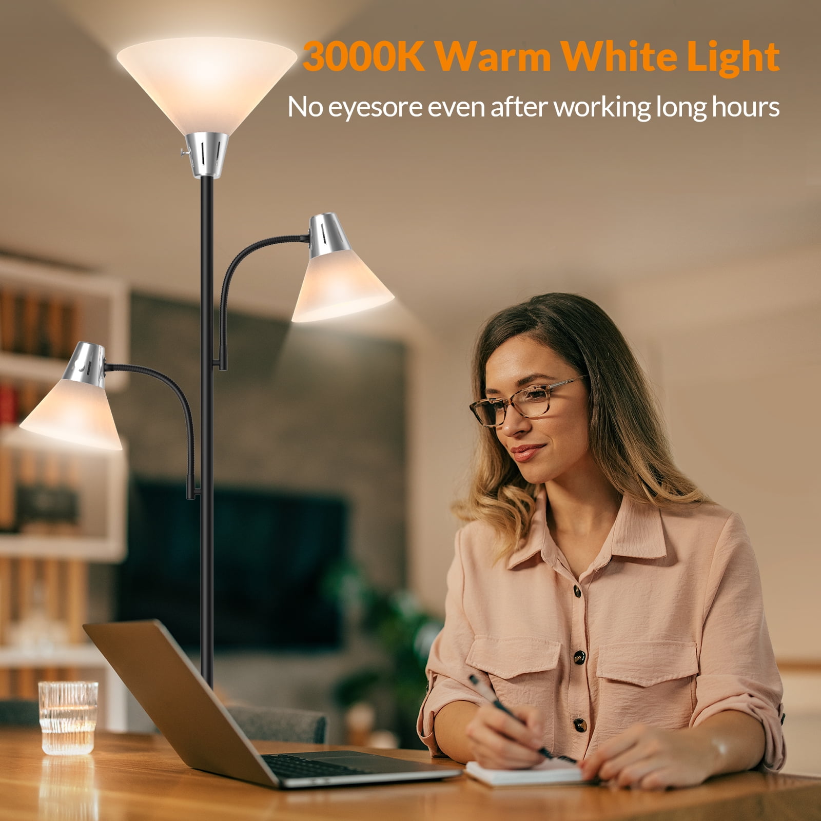 LEPOWER 3-Head LED Floor Lamp with Adjustable Reading Lights, 3000K Warm White, Modern Standing Lamp for Living Room, Bedroom, Office, Black