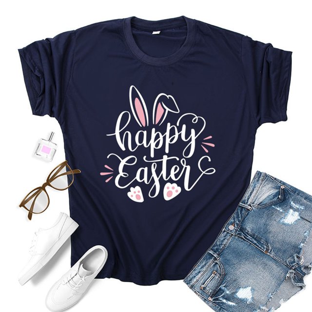 Hauts d'Été Grande Taille pour Femmes, T-shirt Imprimé Col Rond de Pâques, Manches Courtes, Blouse Ample Décontractée, T-shirt Col en V pour Femmes en Liquidation