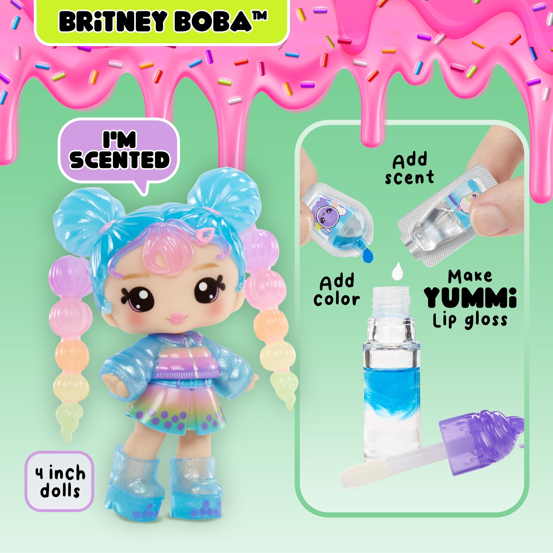 Yummiland Lip Gloss Doll - Britney Boba, with DIY Lip Goss Kit, Ages 4+ - Styles May Vary