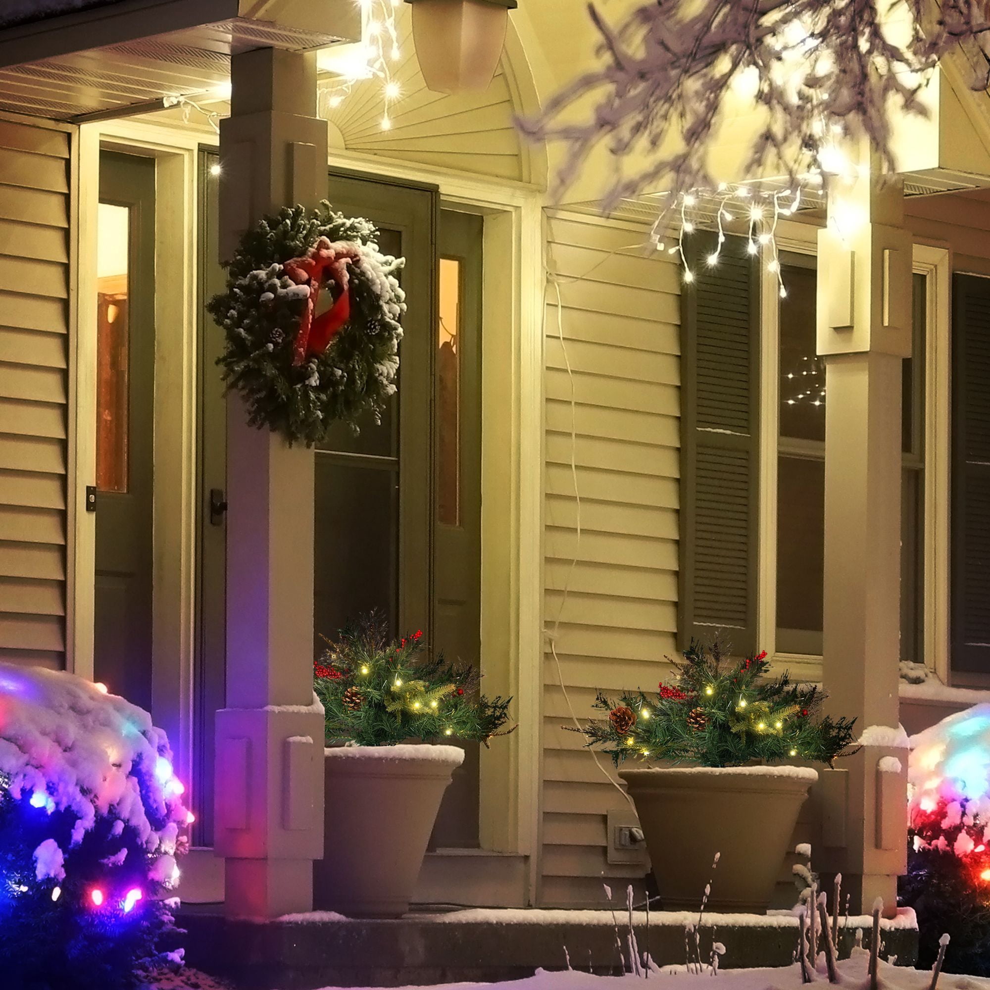 Prelit Artificial Christmas Tree, 2 ft Cordless with Warm White LED Lights, Red Berries and Pine Cones for Outdoor Entryway