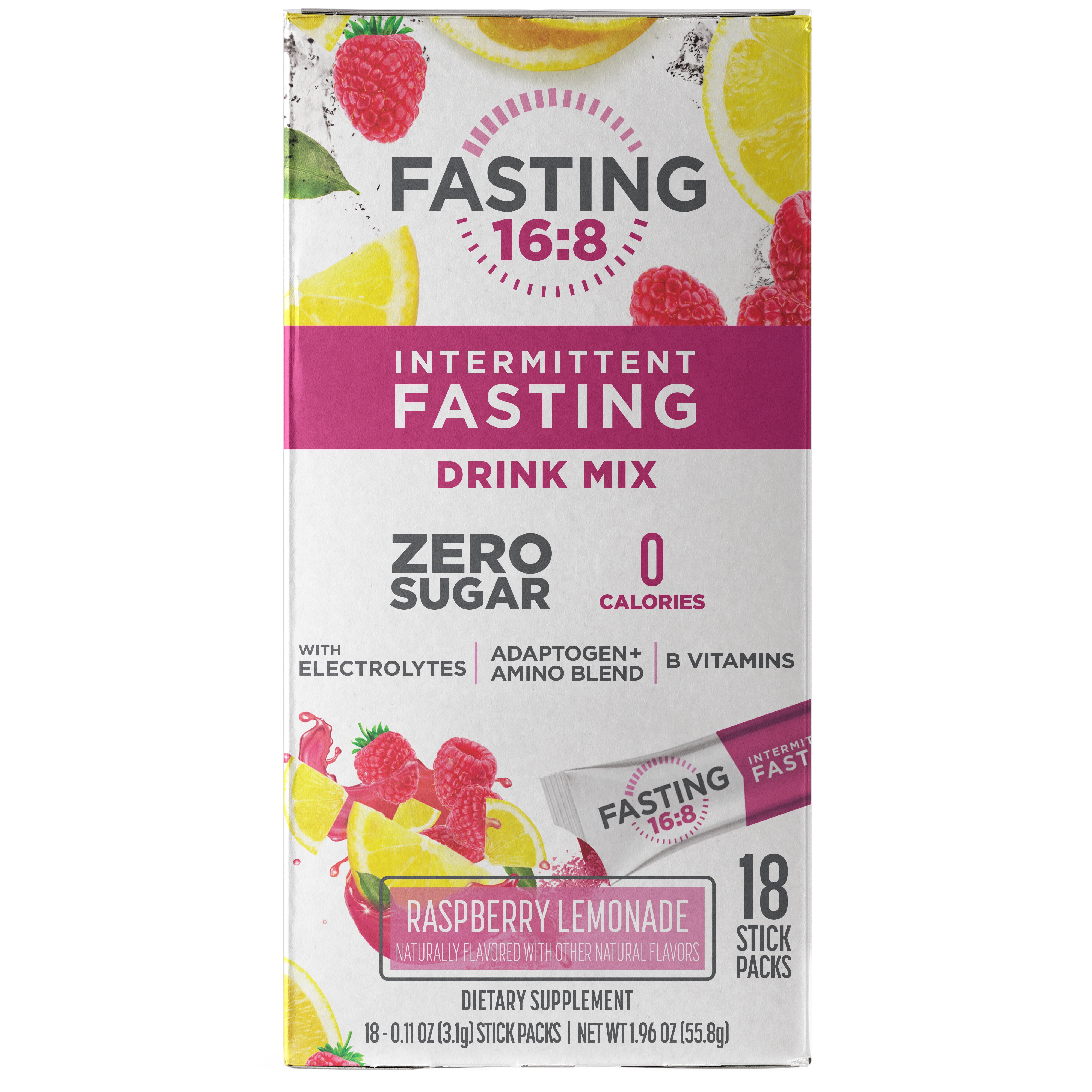 Fasting 16:8 Intermittent Fasting Drink Mix, 0 Sugar, 0 Calories, Raspberry Lemonade, 18 Stick Packs