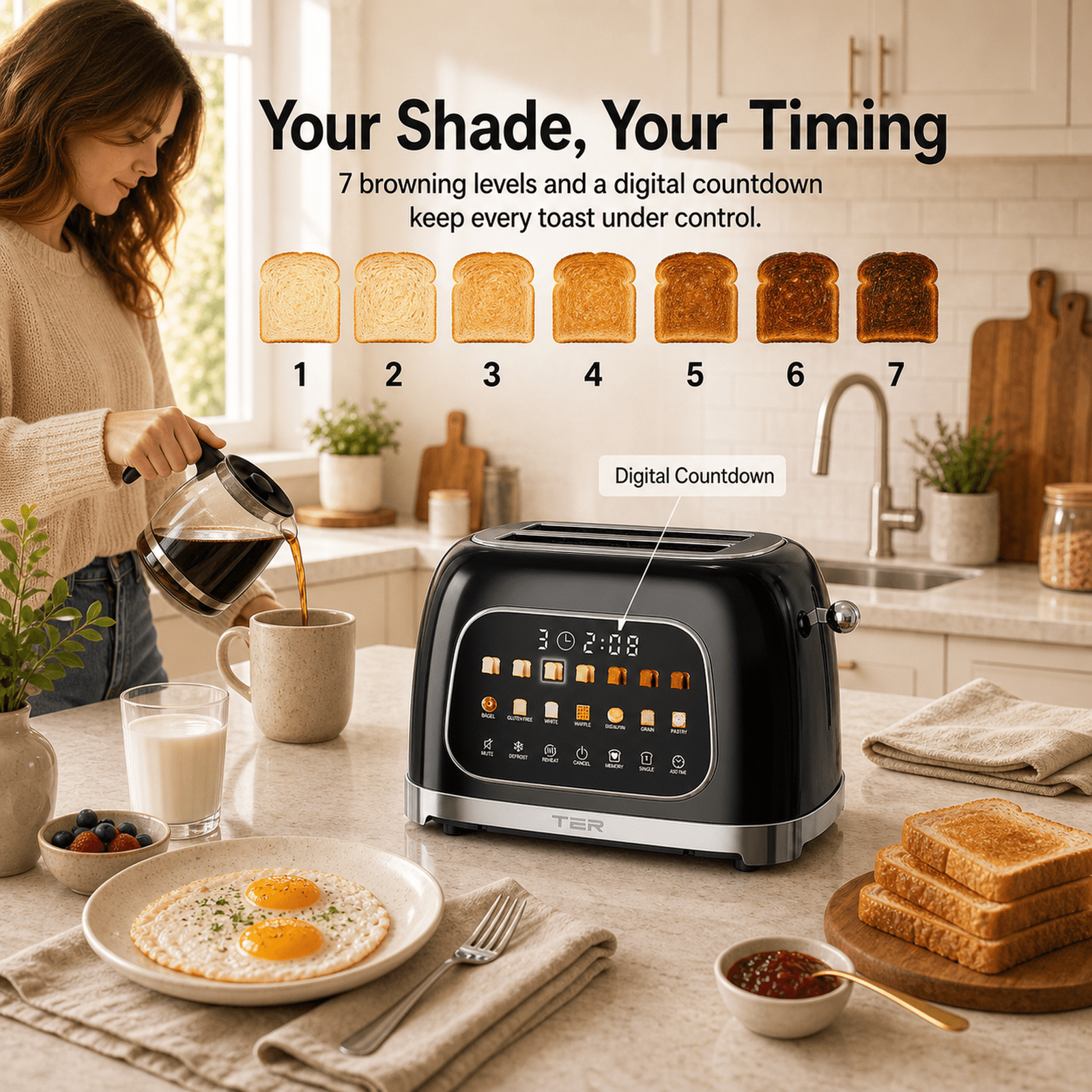 TER Smart 2-Slice Toaster with Touchscreen & Countdown Timer, 7 Bread Modes & 7 Browning Levels, Extra-Wide Slots for Bagels, Mute Mode, Modern Design