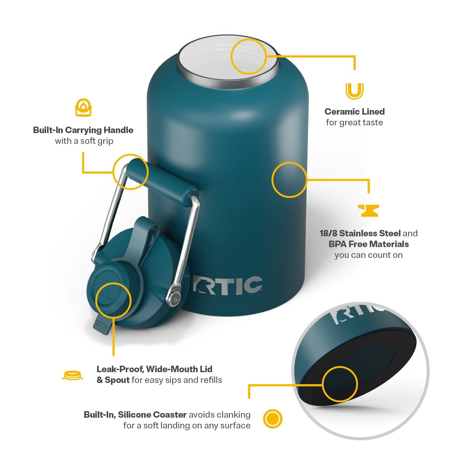 RTIC One Gallon Ceramic Lined Insulated Outback Water Bottle Jug, Leak Proof, Marine