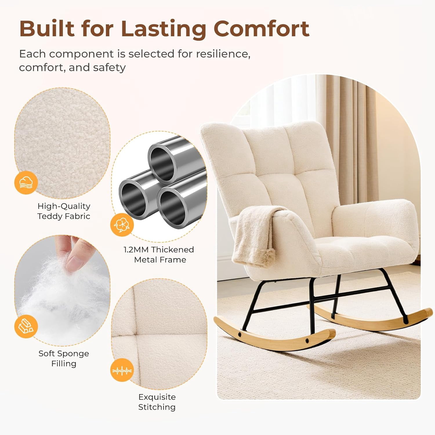 VANECL Nursery Rocking Chair Teddy Upholstered, Glider Rocker Rocking Accent Chair Padded Sea with High Backrest Armchair Comfy Side Chair for Living Room Bedroom, Beige
