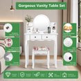 thumbnail image 3 of Makeup Vanity Set with 360° Pivoted Round Mirror & Stool, Vintage Vanity Table and Cushioned Stool Set, Wood Dressing Table for Bedroom，White, 3 of 7