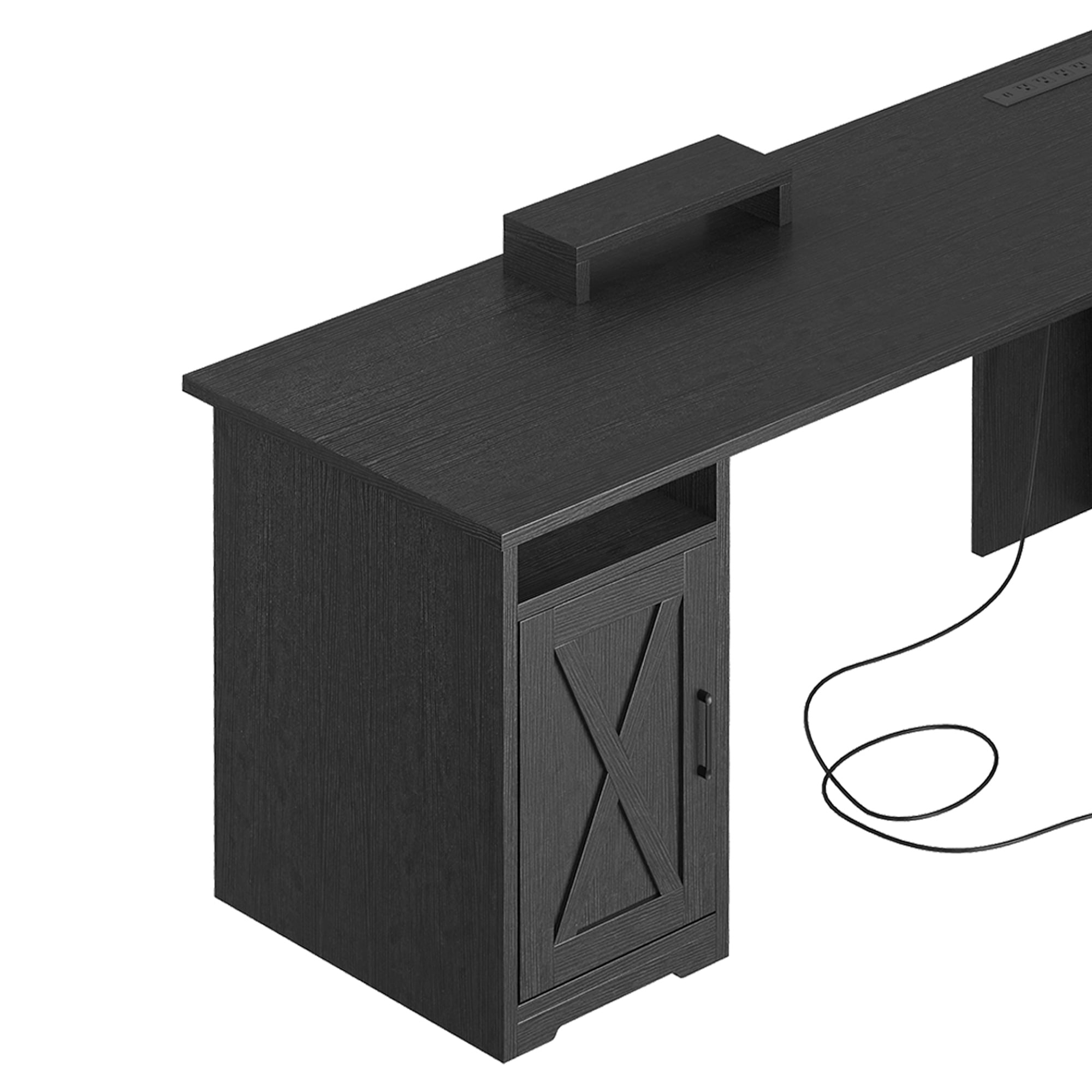 ModFusion 59 Inch L Shaped Corner Computer Desk with Power Outlets & USB Ports, Office Desk with File Drawer, Monitor Stand & Storage Shelves, Black