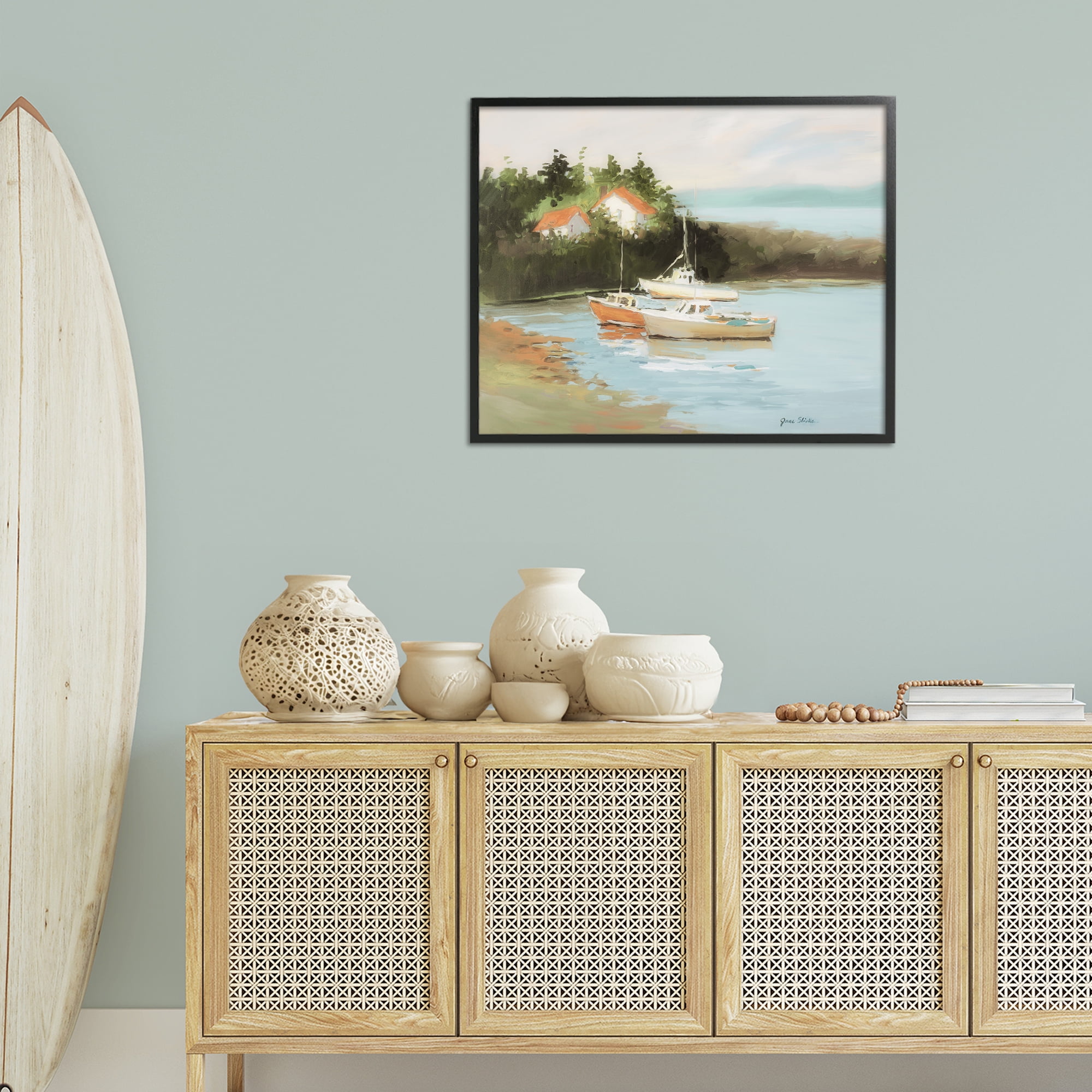 Stupell Industries Calm Boat Harbor Coastal Painting Black Framed Art Print Wall Art, 30 x 24