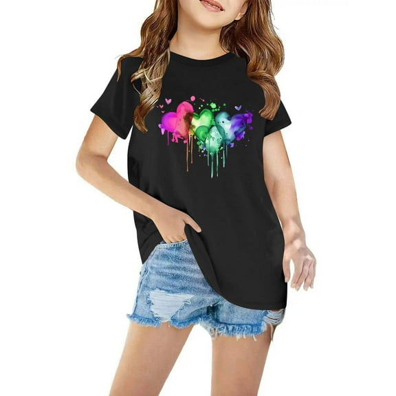 Favoffer Summer Unisex Kids Heart Graphic Fashion Tee Cotton Round Neck Short Sleeve Top Loose Fit Cute T-Shirt, for Home Play Travel Gift Sizes 3-10