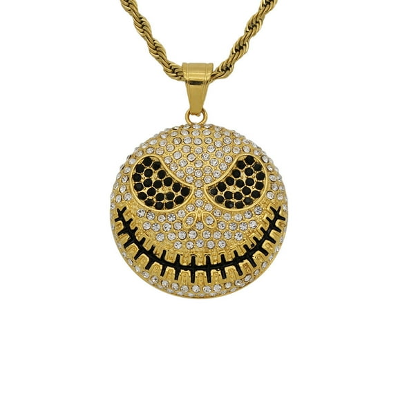 Hip Hop Rhinestones Paved Bling Iced Out 14K Yellow Gold Jack Skellington Pendants Necklaces for Men Rapper Jewelry