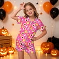 thumbnail image 2 of NIEWTR Halloween Pajamas Girls Pumpkin Ghost Print Short Sleeve Button Down Girls PJS Kids Sleepwear Nightwear Loungewear Set Kids Pajamas Girls, 2 of 5