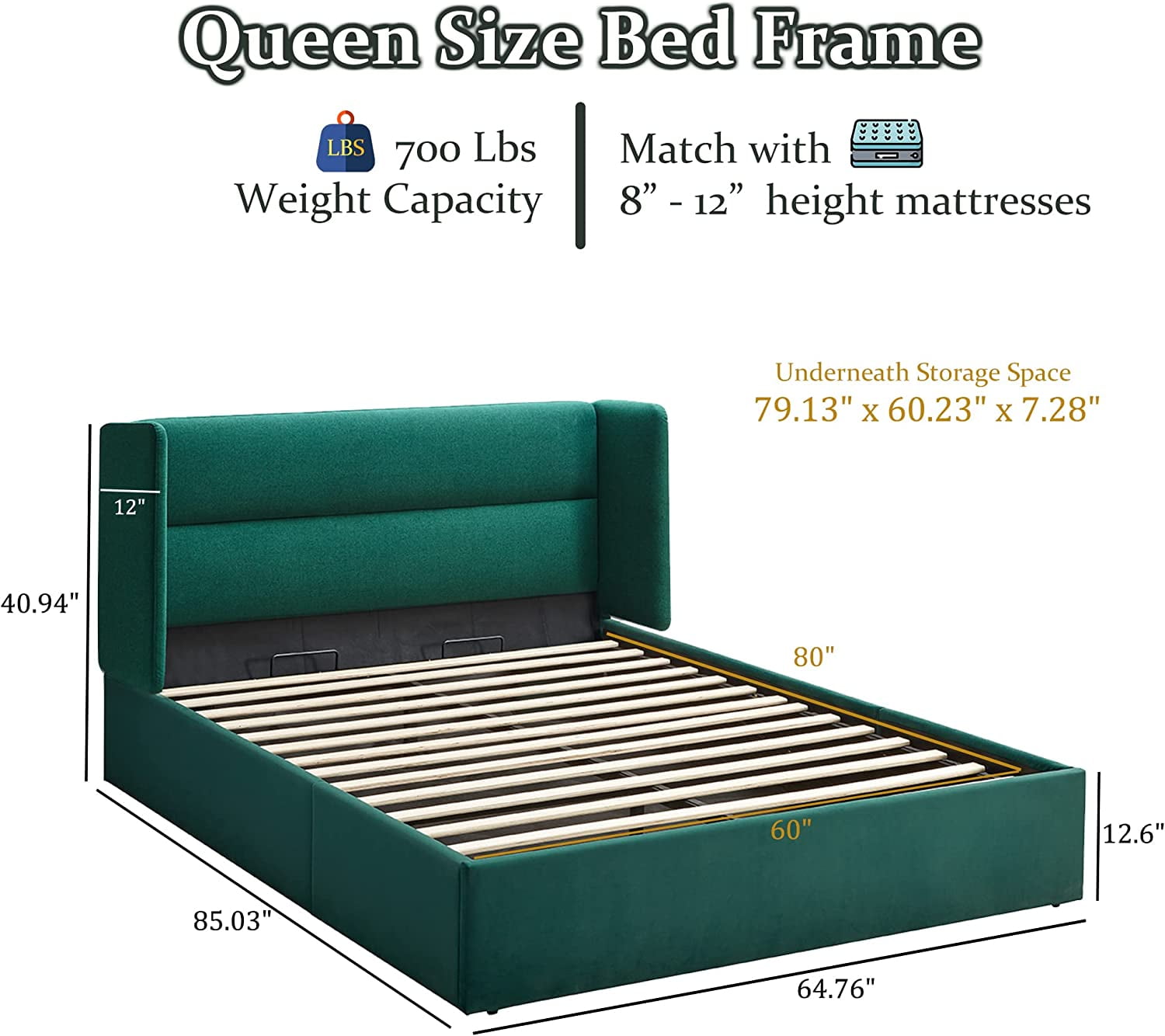 Relax & Rejuvenate Queen Size Lift up Storage Bed, Upholstered Platform Bed Frame with Modern Linen Fabric Wingback Headboard, Wood Slats Support, Noiseless, Easy Assembly, No Box Spring Needed, Blue