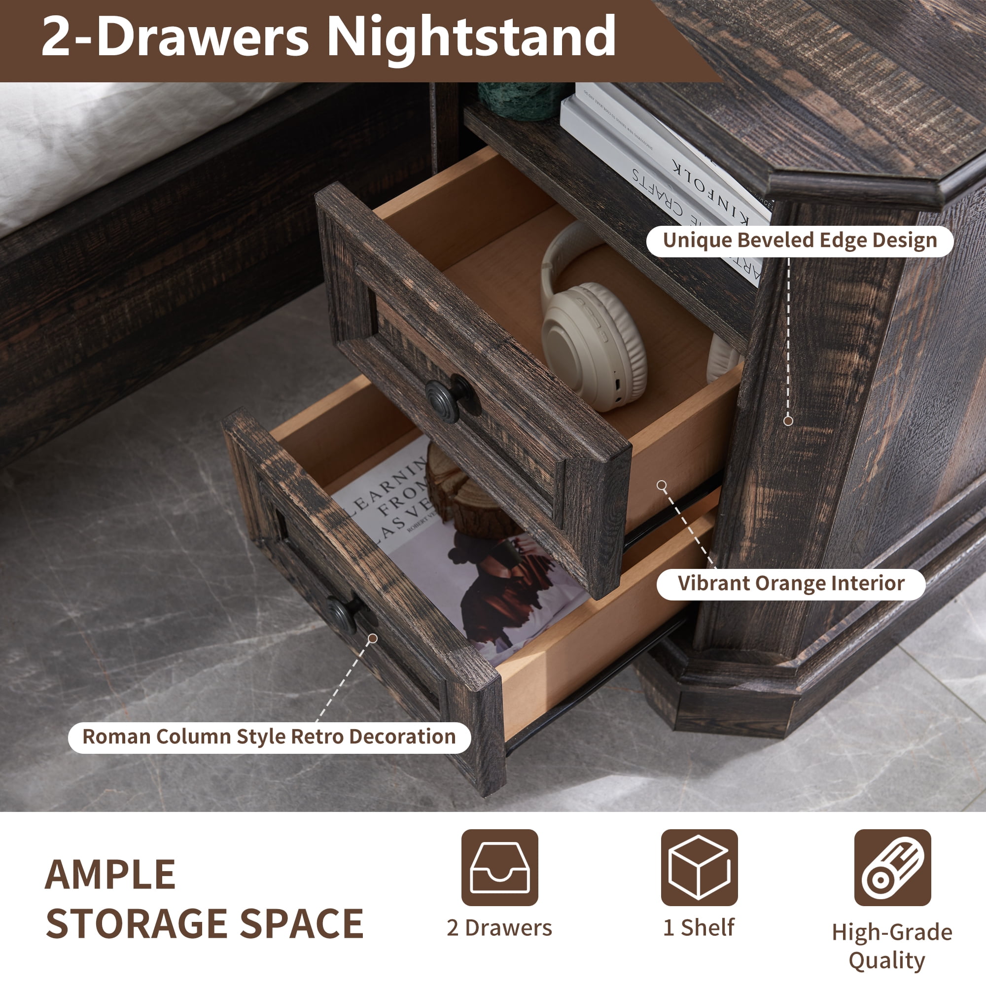 OKD Farmhouse Nightstand with Charging Station, End Table with 2 Drawers for Living Room, Side Table, Dark Rustic Oak
