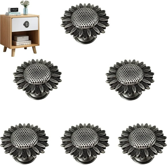 RRRuo - Tiradores de cajones con diseño de girasol, tiradores de un solo agujero, para armario, aparador, armario, puerta, decoración del hogar, cocina, 6 piezas (peltre antiguo)