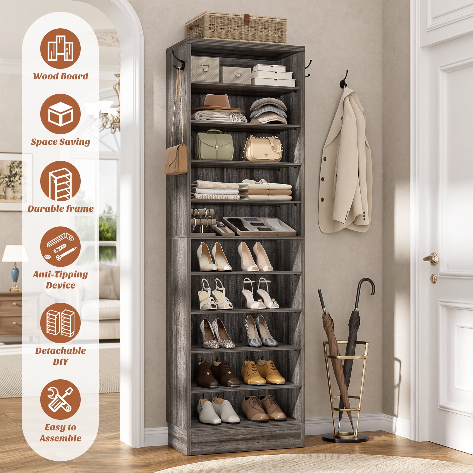 Homieasy Tall Shoe Cabinet, 10 Tiers Narrow Wood Shoe Rack, Shoe Storage Organizer with Open Storage, Vertical Shoe Shelf Tower for 20-22 Pairs, Space Saving, for Closet, Entryway, Bedroom, Black Oak