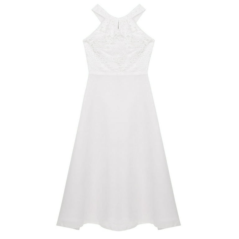 Sinleey Girls Lace Bodice Cutout-neck Chiffon Junior Bridesmaid Long Dress Wedding Formal Event Gown White 10, Girl's
