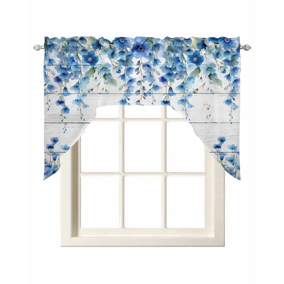 Spring Blue Floral Swag Valances for Windows, Small Curtains Drapes, Farmhouse Weeping Floral Leaves Wood Kitchen Window Curtains Over Sink Window Treatment Valance for Bedroom/Bathroom 56"x36"