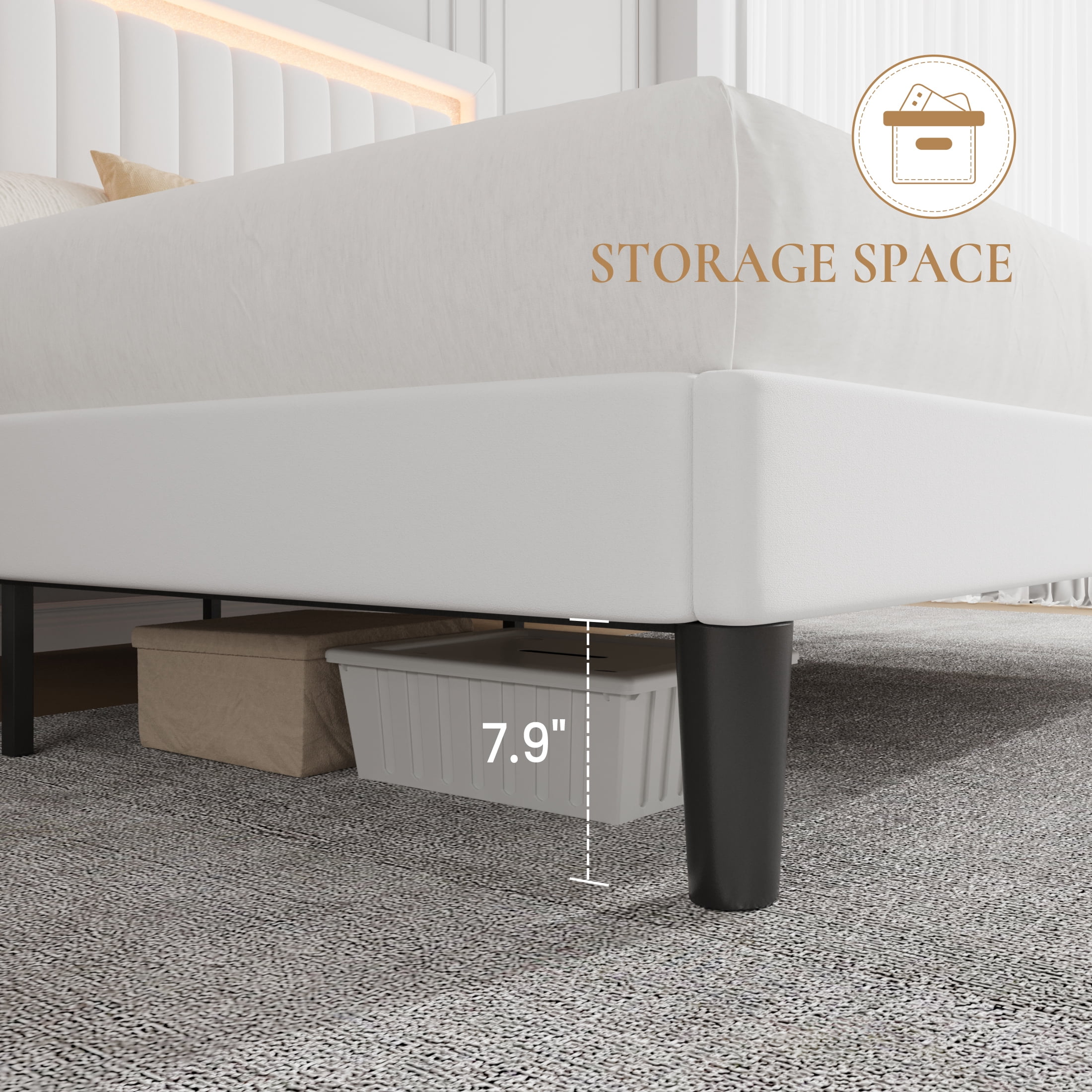 SHA CERLIN King Size Velvet Bed Frame with LED Light, Adjustable Vertical Channel Tufted Headboard, Strong Wooden Slats Support, Noise-Free, No Box Spring Needed, White