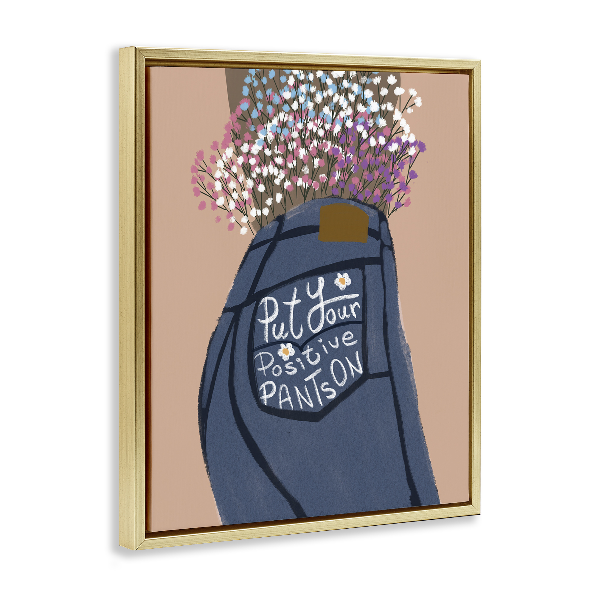 Stupell Industries Floral Positive Pants Novelty Painting Gold Floater Framed Art Print Wall Art, 25 x 31