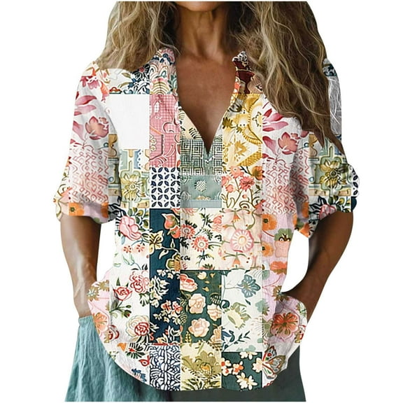 DeHolifer Women T-Shirts Cotton Linen V-Neck Floral Printed 3/4 Sleeve Summer Blouse T-Shirts Casual Loose Tops Multicolor M