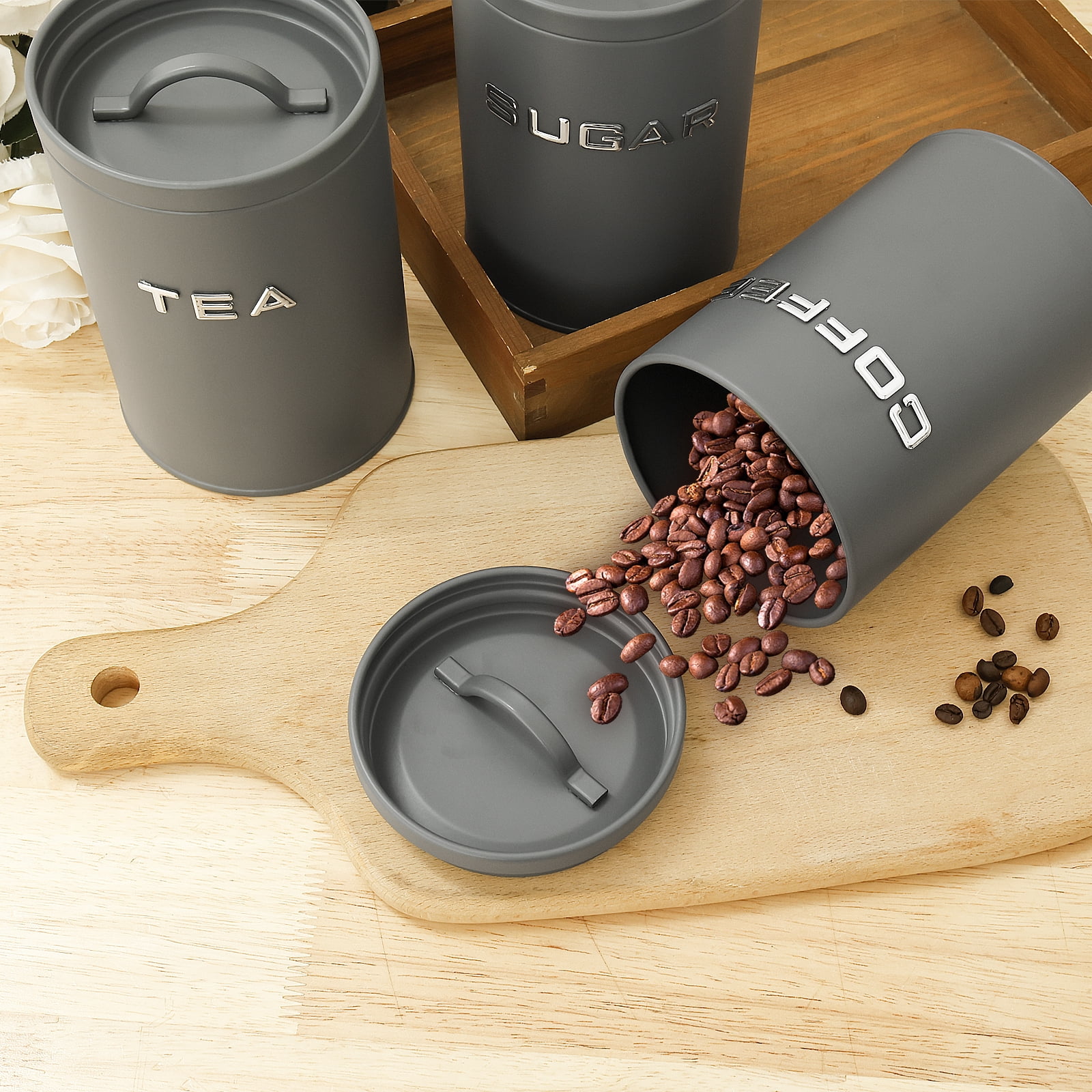 3 Pack Kitchen Canisters with Lids Airtight Metal Canister Set, Food Storage Containers Jars for Coffee, Sugar, Tea, Flour, Rustic Kitchen Decor Containers
