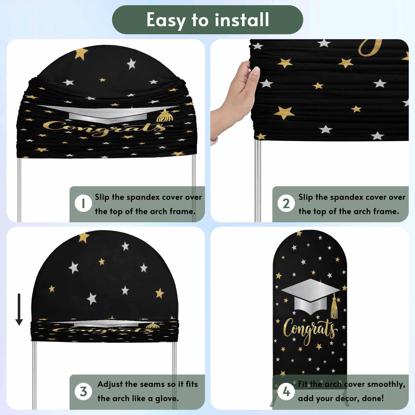 Congratulate Graduate Season Arch Backdrop Cover 7.2 FT Graduation Hat Golden Sliver Star Black Stretchy Arch Stand Covers Spandex Arched Background Birthday Wedding Party Decoration (No Stand)