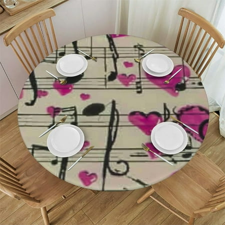 

Musical Note Round Fitted Tablecloth Love Heart Round Table Cloth with Elastic Edged Waterproof Table Cover Fits Tables up to Diameter