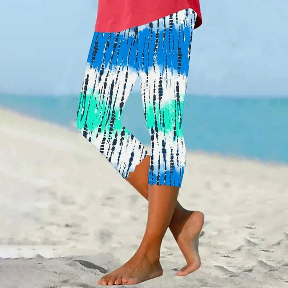 YUGYXL Tie-Dye Leggings for Women Summer Elastic High Waisted Yoga Capri Pants Casual Soft Comfy Workout Capris Pants Sexy Beach Cropped Pants A Multicolor XXXL