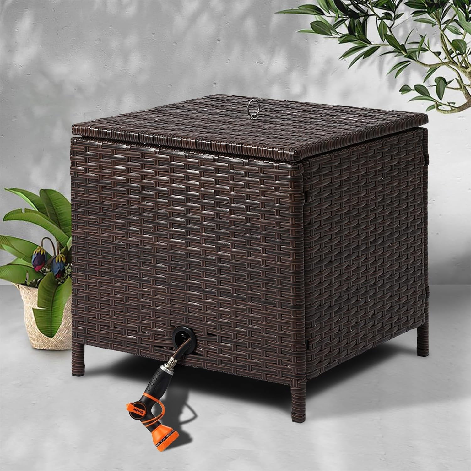 Decorative Garden Hose Storage Box with Lid, Weather Resistant Handwoven PE Rattan Water Hose Holder, Storage For Garden Tools, 200FT 5/8'' Hose Capacity